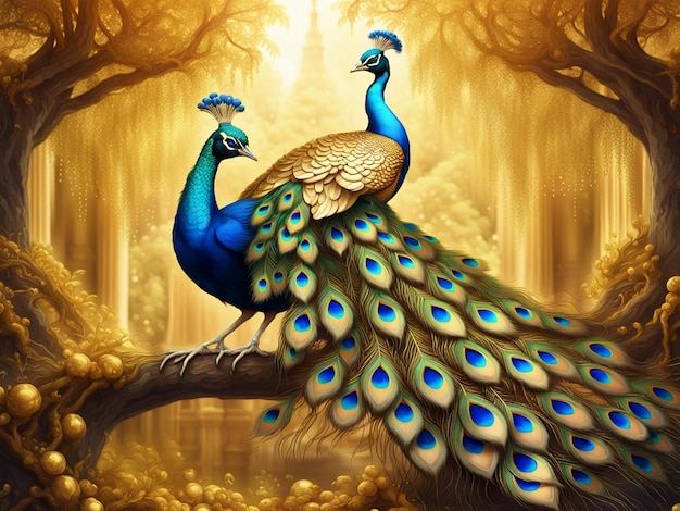 a peacock sitting on top of a tree peacock exquisite digital art golden feathers beautiful art