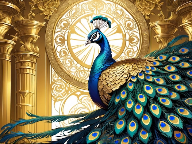 a peacock sitting on top of a tree peacock exquisite digital art golden feathers beautiful art