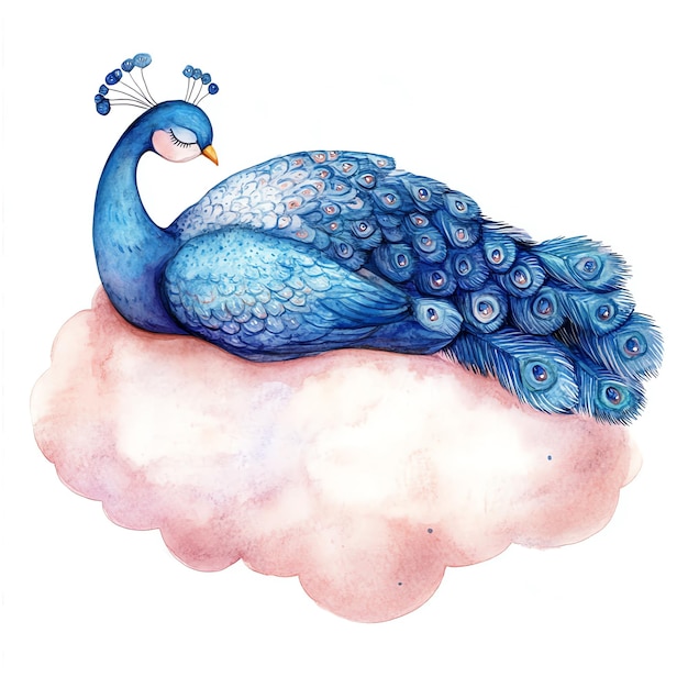 peacock sleeping on a light pink cloud nuresery watercolor