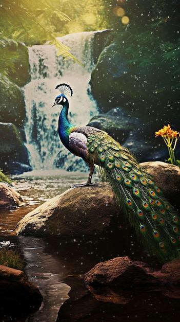 Peacock standing in a beautiful waterfall landscape generative ai