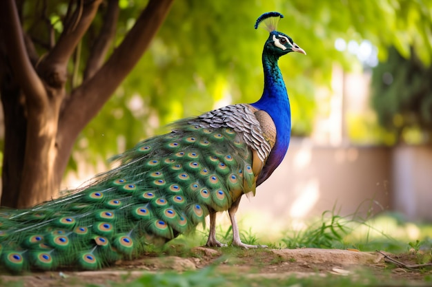 a peacock standing in the grass near a tree