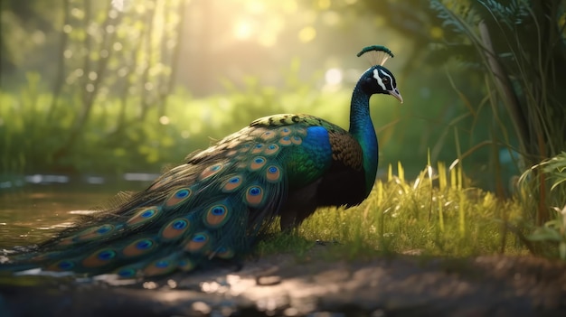 A peacock stands in a forest with the sun shining on its tail.