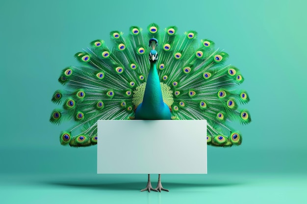 A peacock stands in front of a white board