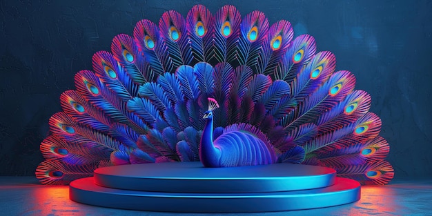 Peacock Tail Feathers with a 3D Rendered Peacock on a Blue Platform