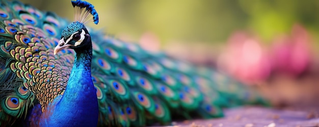 a peacock with blue feathers and a green background with a blurry background