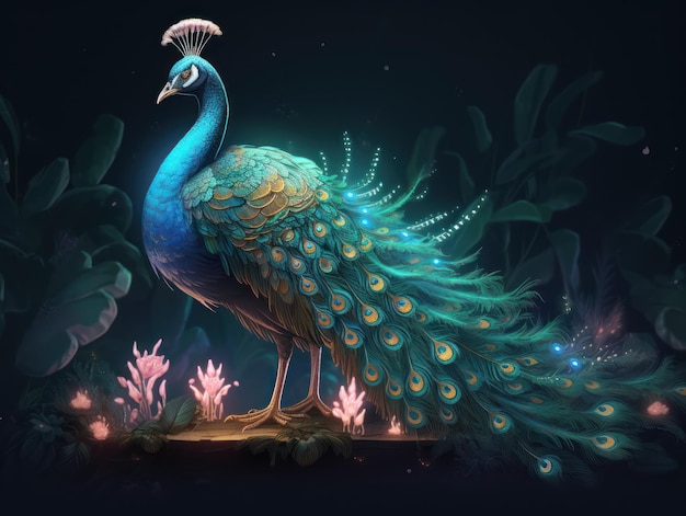 A peacock with blue feathers and a green background.