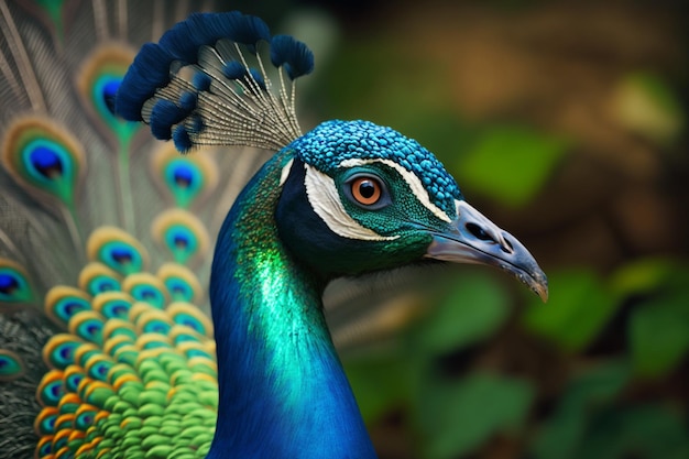 A peacock with a blue and green head and blue feathers.