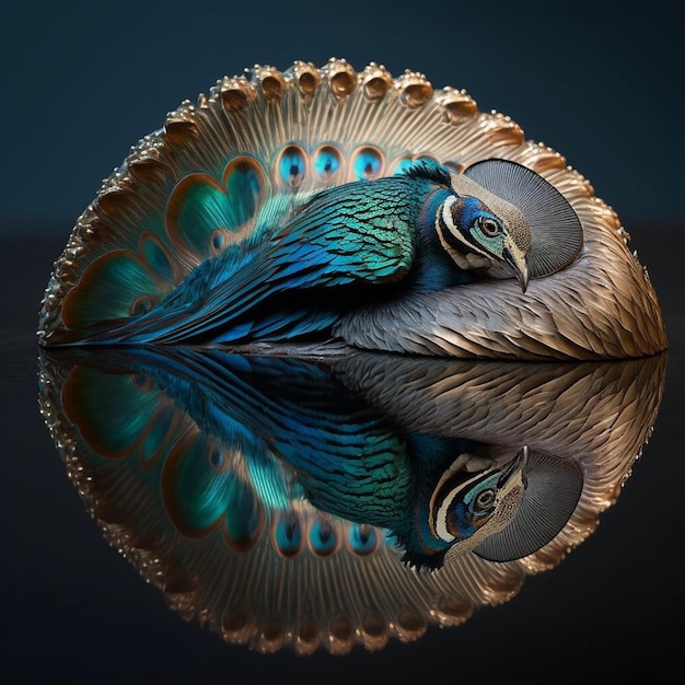 A peacock with a blue and green head is reflected in a mirror.