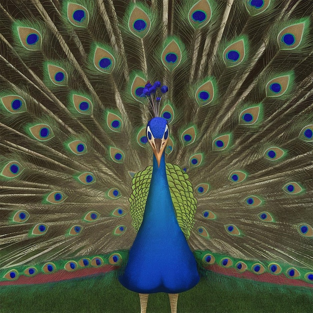 a peacock with a blue and green pattern on its back is shown with a woman holding a blue bird