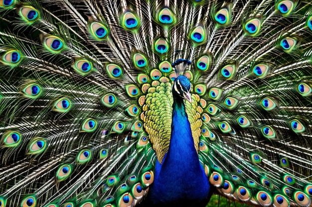 a peacock with a blue and green tail feathers that says peacocks