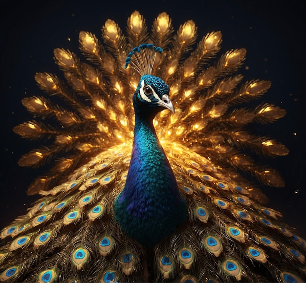 a peacock with a blue head and a gold feather on it