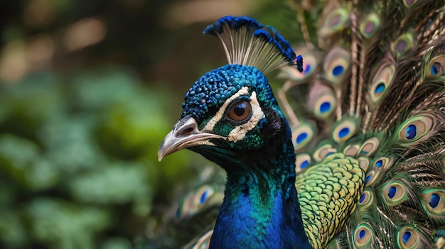 a peacock with a blue head and a green feather on its head