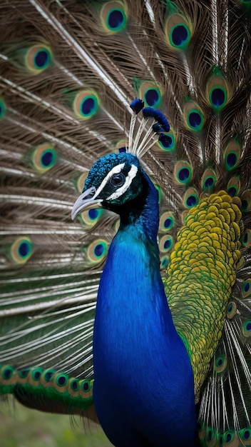 A peacock with a blue head and green feathers on its head