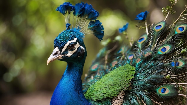 A peacock with a blue head and green feathers