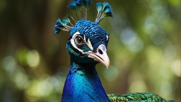 A peacock with a blue head and green feathers