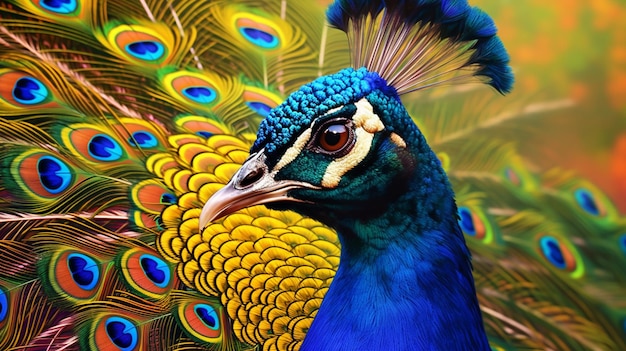 A peacock with a blue head and a yellow head.