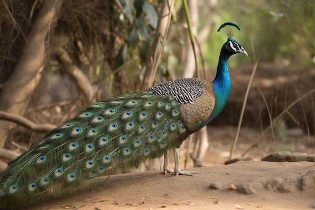 A peacock with a blue tail stands on a dirt ground.