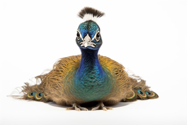 a peacock with a blue and yellow tail