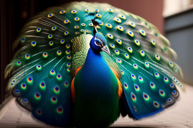 A peacock with bright green feathers is standing on a ledge.