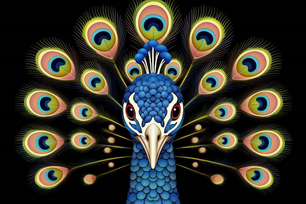 Peacock with colorful feathers on black background