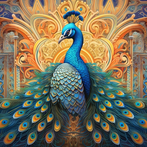 Peacock with colorful feathers standing in front of ornate design generative ai