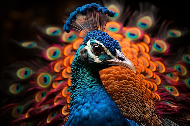 a peacock with a colorful head and feathers on his head