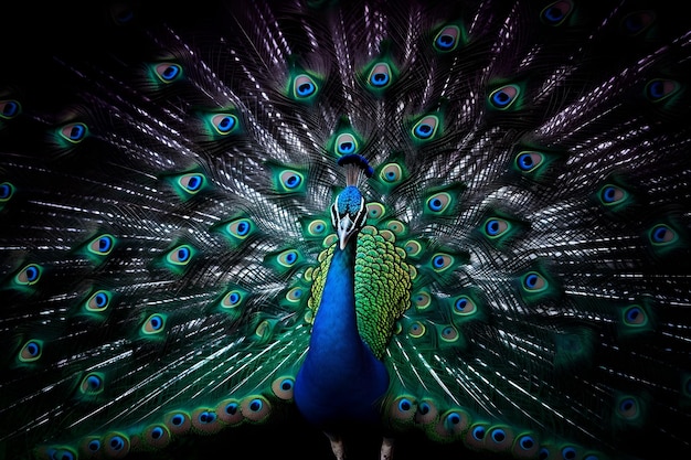 A peacock with a colorful tail is shown in this image.