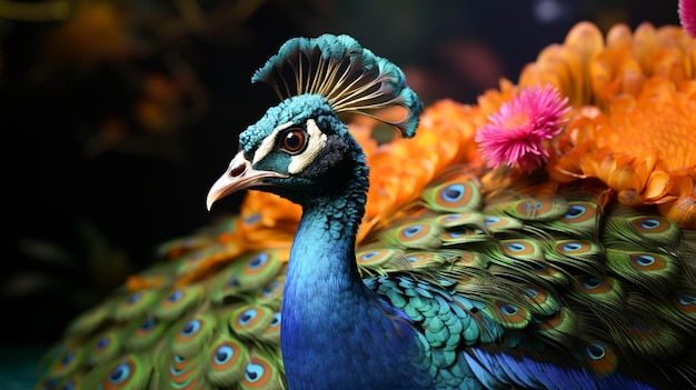 A peacock with a colorful tail is shown with a green background