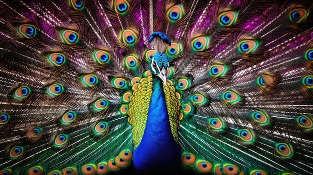 a peacock with a colorful tail is shown.