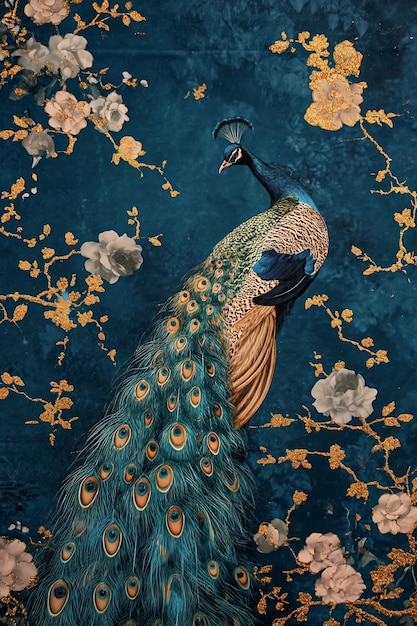 Peacock with Floral Accents on Blue Background