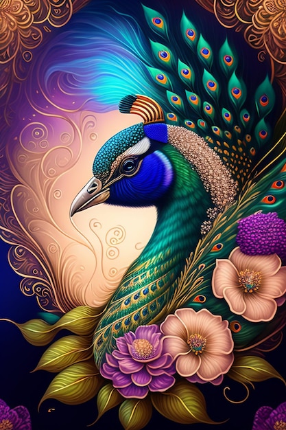 A peacock with a flower on it