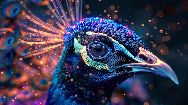 A peacock with glowing feathers