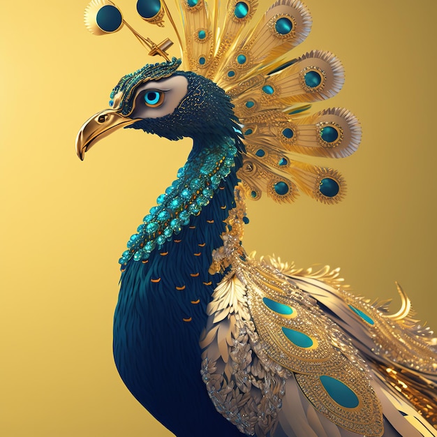 A peacock with a gold crown and blue feathers.