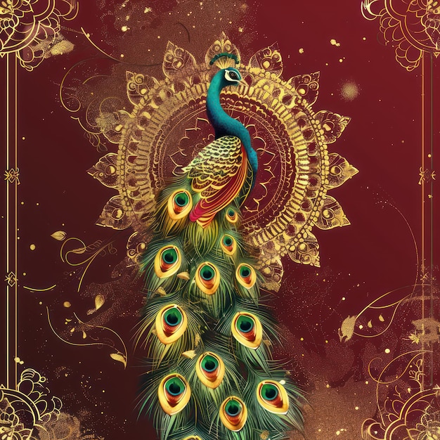 A peacock with a golden tail stands in front of a red background with golden decorations