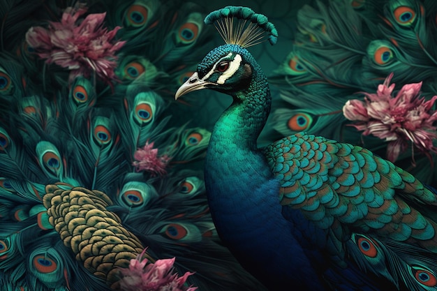 A peacock with a green background and a blue background with a pink flower.