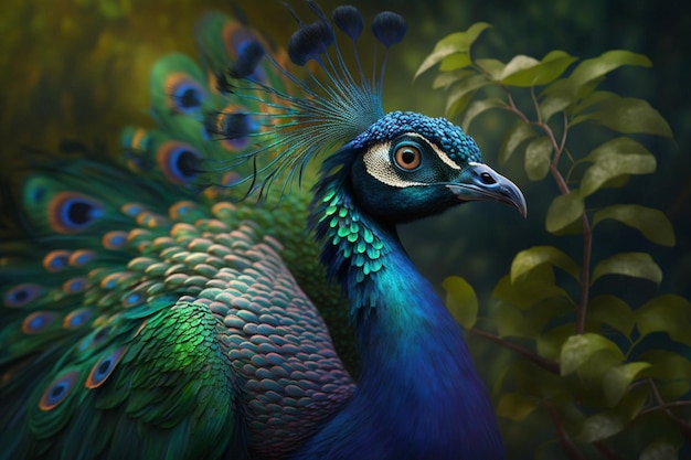 A peacock with green feathers and blue feathers is shown.