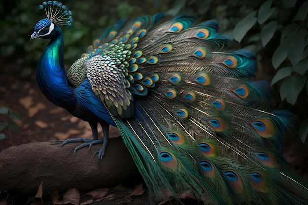 A peacock with a green tail and blue feathers