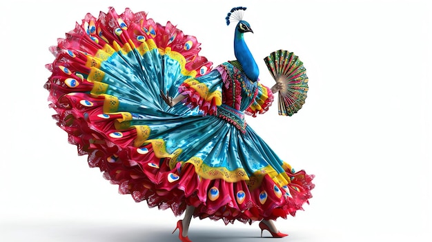 A peacock with a human body dances in a colorful dress with a fan