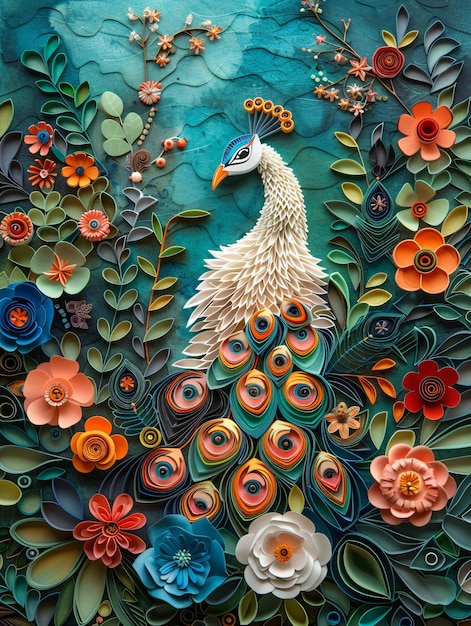 A peacock with its feathers spread wide standing amidst vibrant intricate paper flowers