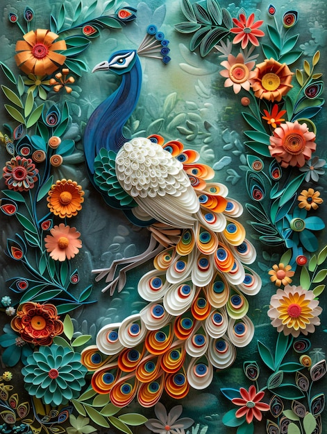 A peacock with its feathers spread wide standing amidst vibrant intricate paper flowers