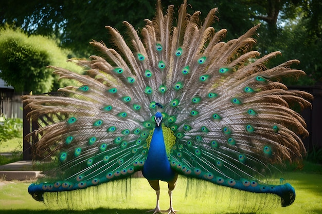 A peacock with its tail spread out in front of a tree.