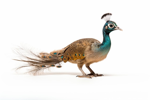 a peacock with a long tail standing on a white surface