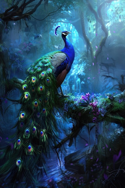 A peacock with a tail of neon light sabers spreading its feathers in a mystical forest