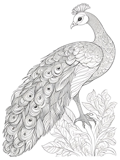 Peafowls outline white coloring page ai generated