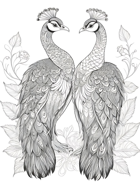 Peafowls outline white coloring page ai generated