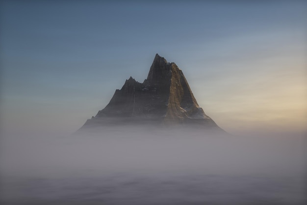 The peak of the mountain rising from the fog. Mountain theme