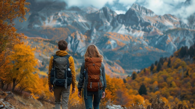 Peak Romance Adventurous Couple Hiking Amidst Vibrant Autumn Foliage