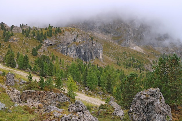 The peaks of the Dolomites in Italy are covered in fog Early wet foggy morning Beginning of autumn Clean fresh air lack of people Selective focus