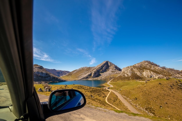 Peaks of Europe National Park A glacial lake Enol View from the car Asturias Spain