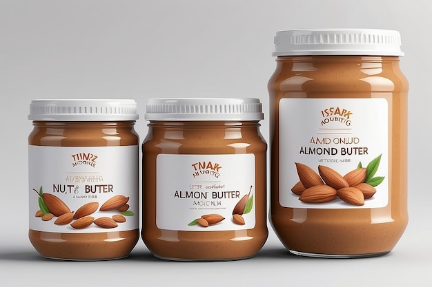 Peanut Almond Nut Butter Jar MockUp Three Jars Blank Label